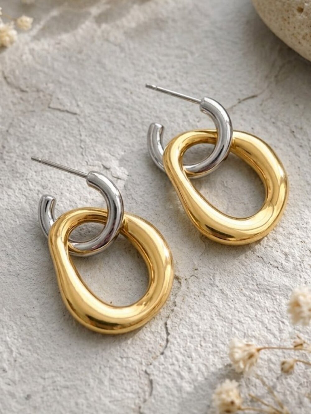 Two Tone Convertible Hoop Earrings 18K Gold Plated 316L SS 2in1 Old Money 1.06"